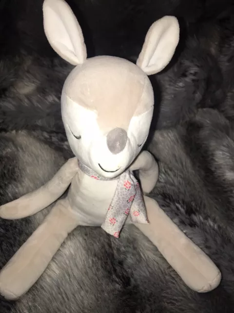 I # DOUDOU PELUCHE OBAIBI OKAIDI  BICHE Faon GRIS BLANC  ECHARPE ETAT NEUF