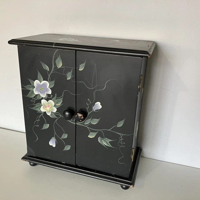 Large Vintage Mele Solid Wood Wardrobe Jewellery Box Painted Flower Design Black