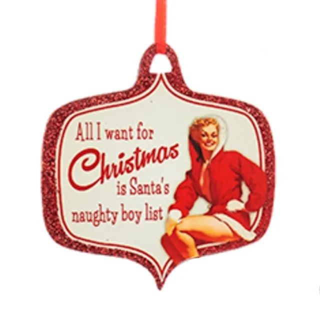 Kurt S. Adler Wooden Naughty Xmas Pin-Up Plaque Holiday Ornament "All I Want..."