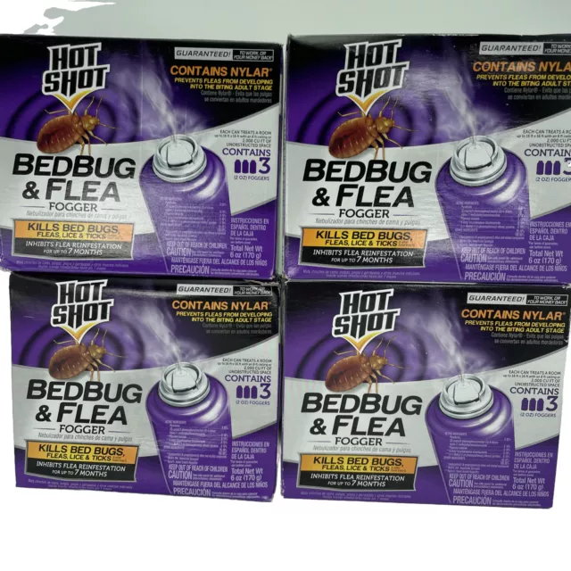 Hot Shot Bedbug & Flea Fogger 3-pack Kills Lice Ticks Lot of 4 Total 12 Foggers