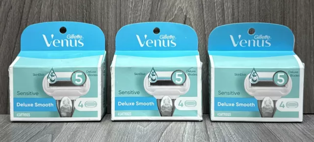 Lot Of 3 Gillette Venus Sensitive Deluxe Smooth 5 Blade, 4 Refills Each SEALED