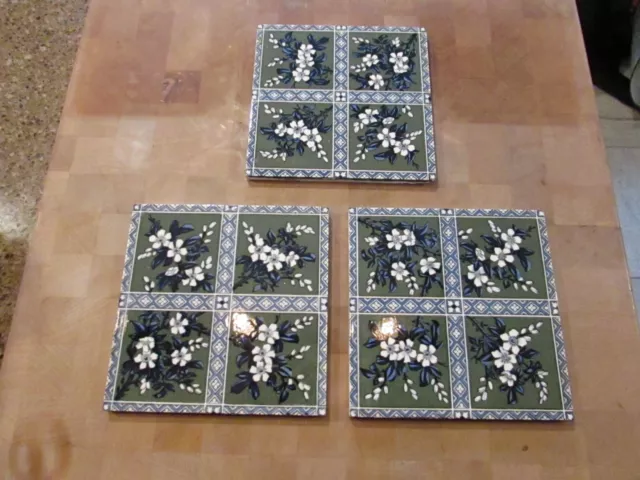 Antique SET of 3 art deco floral fireplace tiles 1900s art nouveau ceramic