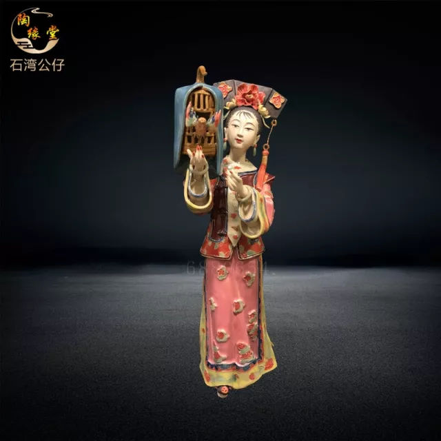 12" China Belle Women Play Bird Statue Wucai Porcelain Pottery Classical Beauty