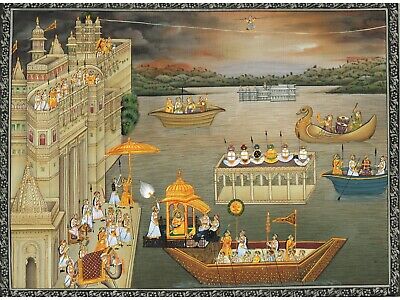 Indian Miniature Art & Painting Of Udaipur Lake Palace Maharaja Enjoying At Boat