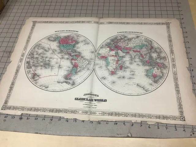 Original 1867 GLOBULAR WORLD Antique hand colored JOHNSON's MAP 26.5 X 18"