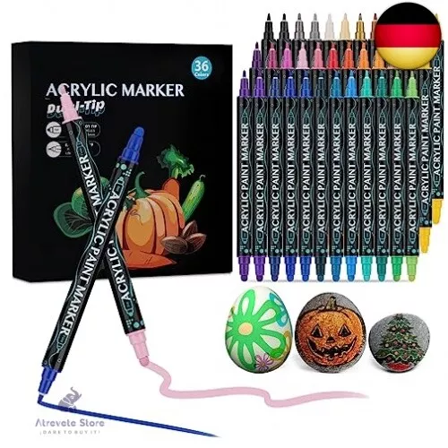 TEVILIK Acrylstifte für Steine Wasserfest 36 Farben bemalen Set, 1-5mm Dual Tip