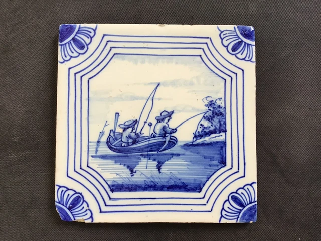 Antique18th Century Delft Blue & White Tile c1770 - Depicting Man Going Fishing
