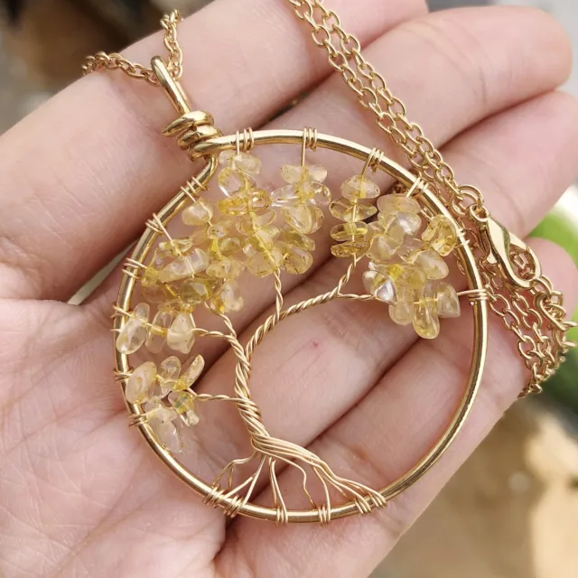 Yellow Crystal Gem Tree Of Life Water-Drop Necklace Chakra Reiki Healing Amulet
