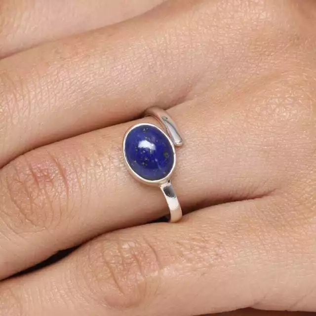 Blau Lapis Verstellbarer Ring Einfach Band Edelstein-Ring 925 Sterlingsilber