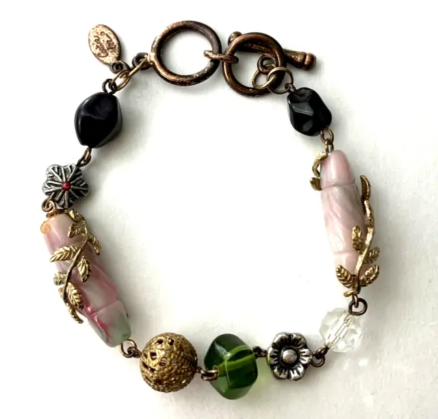 Cookie Lee Copper Floral Bracelet Glass Beaded Carved Faux Stone Flower Toggle