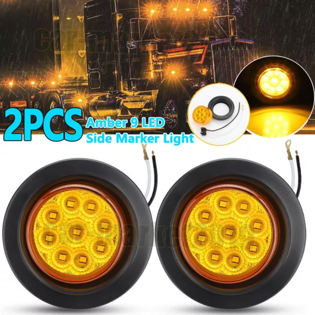 2x Amber 2" Inch Round 9 LED Side Marker Clearance Lights Truck Trailer Lamp 12V