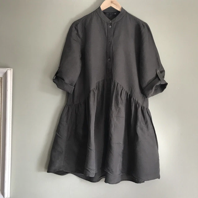 ZARA LINEN DRESS Smock Khaki Green Small 8 10 Button Up Shirt 18.00 -  PicClick UK