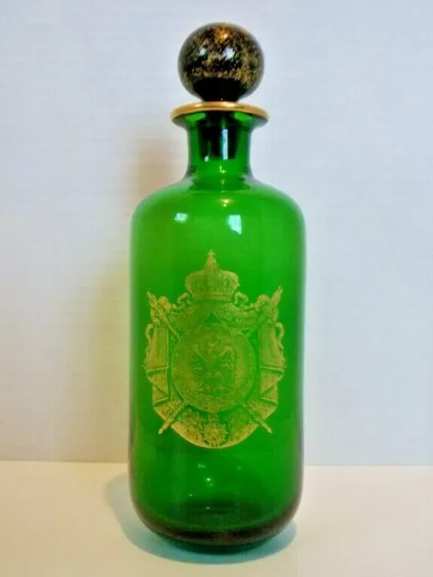 Liquor Decanter with Stopper Green Glass Gold Crest Vintage Made in France EUC