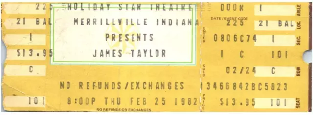 Vintage Giacomo Taylor Ticket Stub Febbraio 25 1982 Merrillville Indiana
