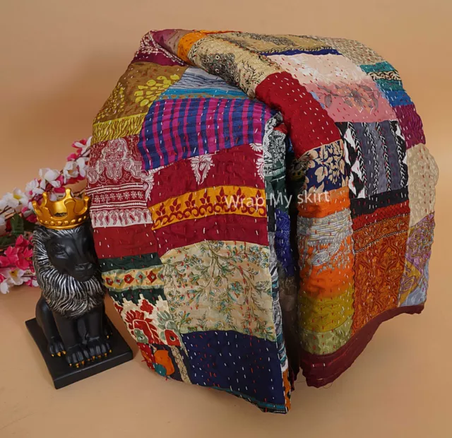 Bohemian Silk patchwork quilt handmade kantha bedspread bedding throw blanket