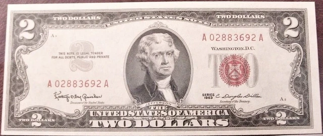 1963 Two Dollar Bill Red Seal Legal Tender $2 Note CRISP UNCIRCULATED GEM UNC