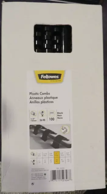 New Fellowes Plastic Comb Bindings 1/2" Dia. 90 Sheet Capacity Black 100 Combs