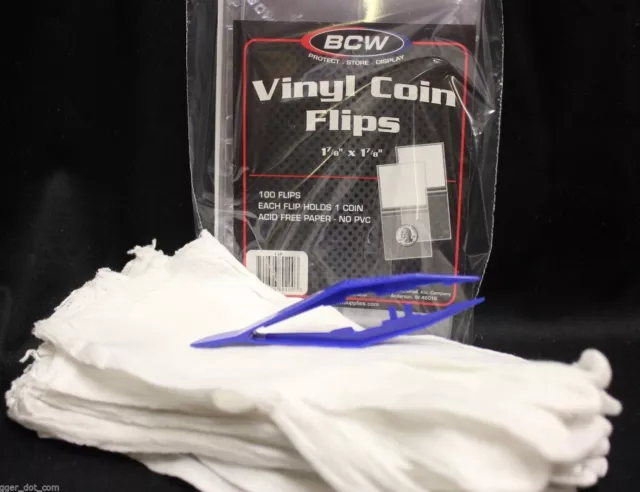 100 BCW Vinyl Flips 12 Pair LARGE Cotton Inspection Gloves Coin Stamp + TWEEZERS