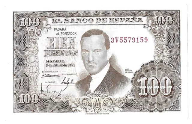 España Billetes Originales 100 Pts. Julio Romero de Torres,  Año 1953.  S.C.