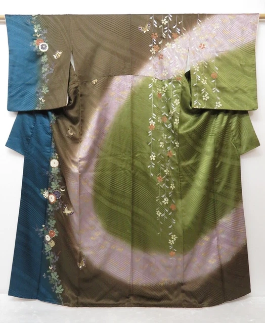 1516T08z1040 Japanese Kimono Silk TSUKESAGE HOUMONGI Brown Flowers