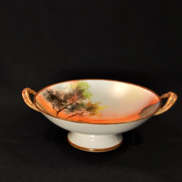 Noritake Pedestal Bowl Tree in Meadow Hand Painted Brown Moriage 1918-1931 Japan