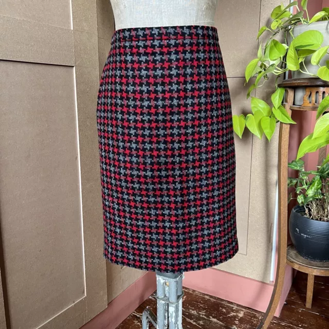 Pure Collection Size 12 Black Red Grey Wool Dogtooth Tweed Pencil Skirt Smart