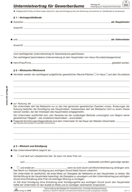 RNK Verlag 519 Untermietvertrag für Gewerberäume, 4 Seiten, gefalzt auf DIN A4