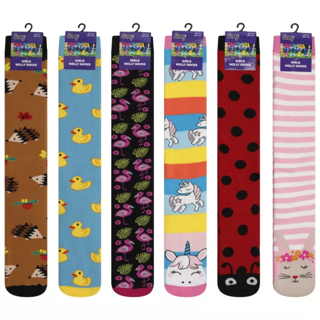 6 Pair Girls Cotton Terry Cushioned Foot Long Welly Wellington Boot Design Socks
