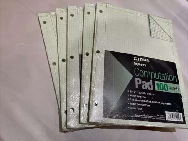 Qty 5 New TOPS Engineering Computation Pad 8 1/2 x 11 Green 100 Sheets 35500