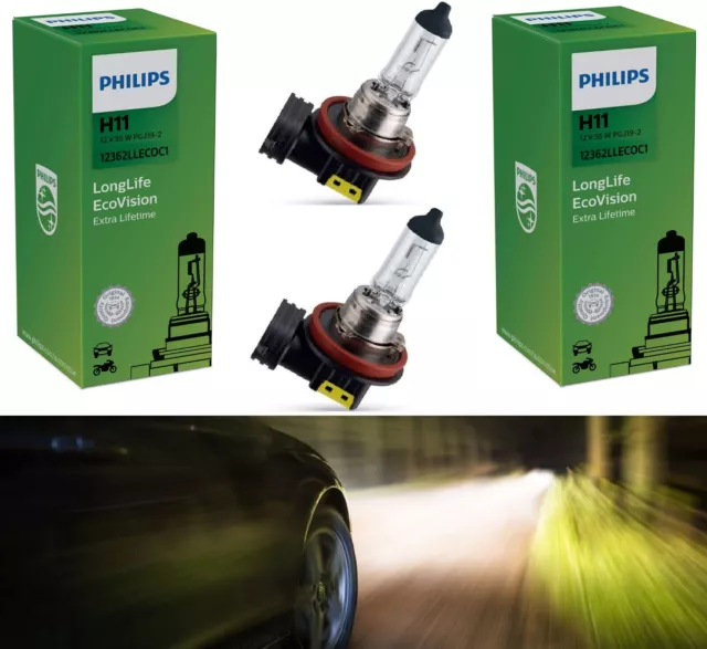 Philips LongLife EcoVision H11 55W Two Bulbs Headlight Low Beam Plug Play Lamp