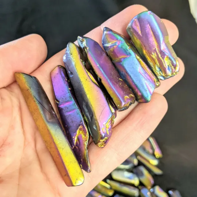 Rainbow Aura Quartz Crystal Points. 100 Grams Titanium Metallic Crystal Wands
