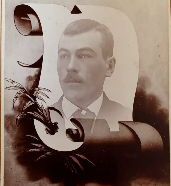 Cabinet Card Photo Memorial Scroll Handsome Young Man w Mustache Twin Valley MN