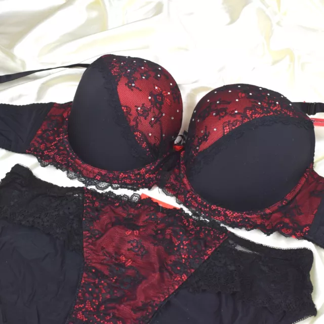 Sexy Bra Set Padded Black Red Sequins Lace Ladies Underwear Lingerie Sets Briefs