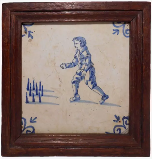 Rare 17Th C Dutch Delft Antique Hnd Dec Blue/Wht Cer Tile Youth Bowling, Oak Frm