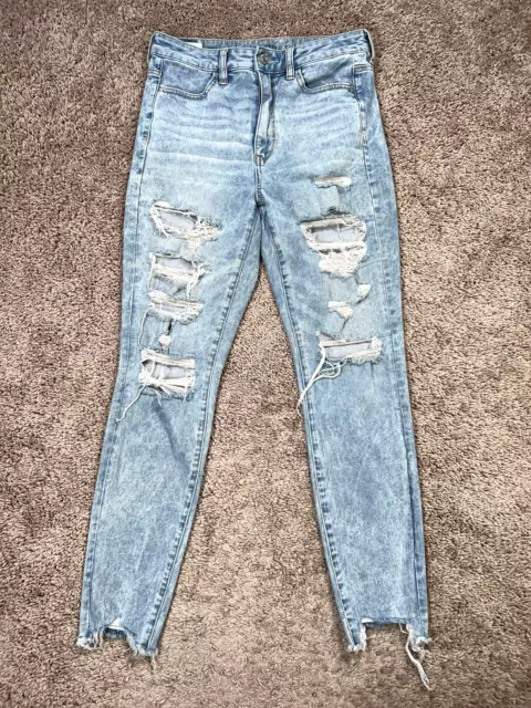 American Eagle Jeans Womens 8 Blue Highest Rise Jegging 360 Stretch Ripped Torn