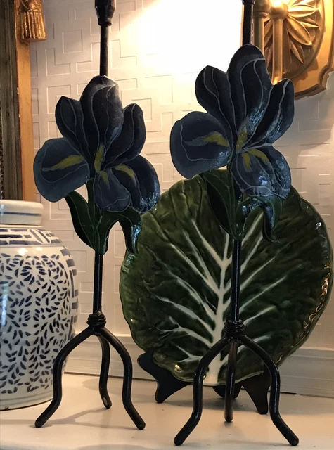Pair of Large Handpainted Purple Iris Black Wrought Iron Candle Stick Holders