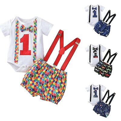 Infant Baby Boy Cartoon Bowtie Romper Suspender Shorts First Birthday Outfit