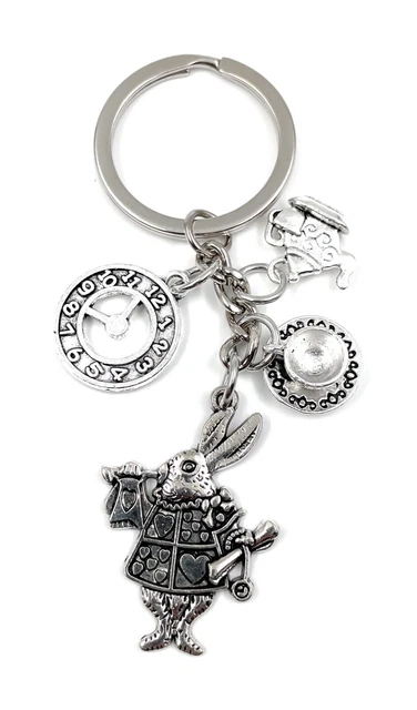 Llavero Plata Metal Conejito de Pascua Reloj Camiseta Conejo Colgante Triple