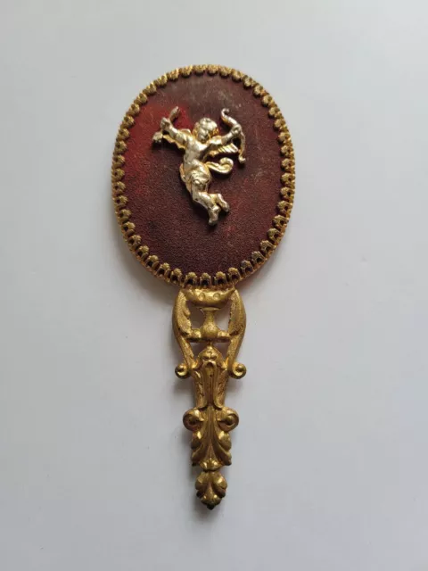 Ancien miroir de poche face à main métal doré décor angelot/putti vintage