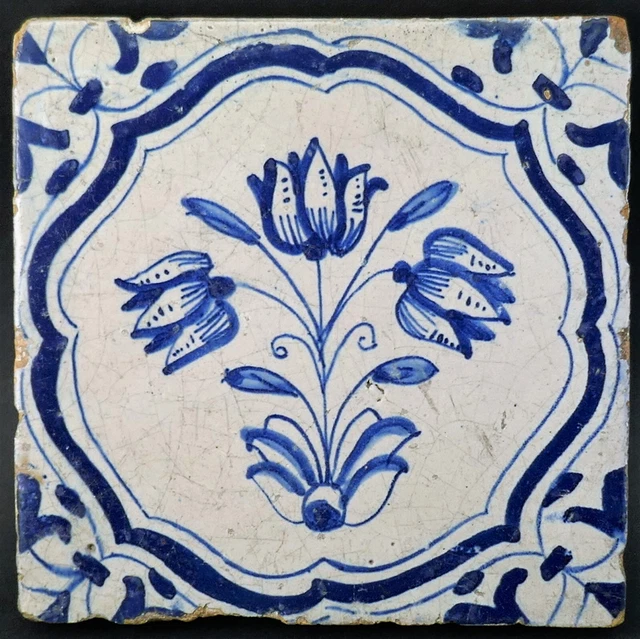c1650, ANTIQUE 17thC DUTCH DELFT BLUE AND WHITE TILE, THREE TULIPS