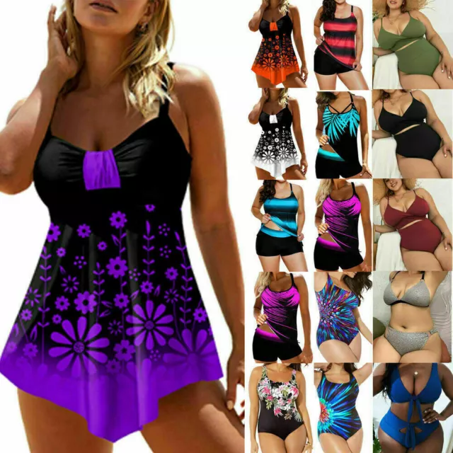 Plus Size Women Push Up Padded Tankini Set Swimwear Swimsuit Swimming Costume UK