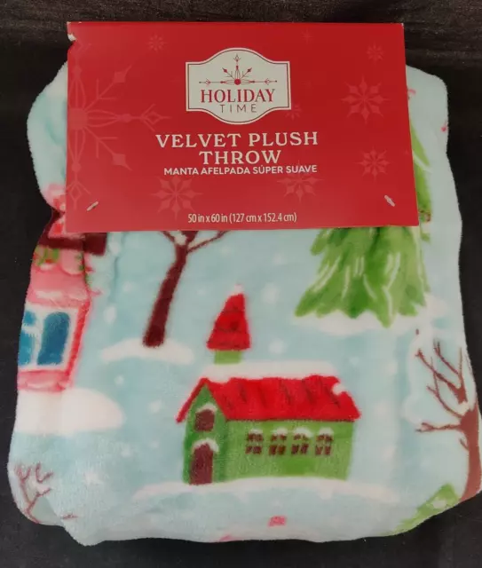 Holiday Time Throw Blanket Velvet Plush 50"x 60" Bright Holiday Houses - NWT