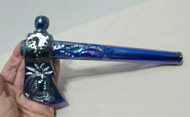 RARE Bluish Carnival Glass Axe w Indian Head Motif Crystal Art Glass Degenhart