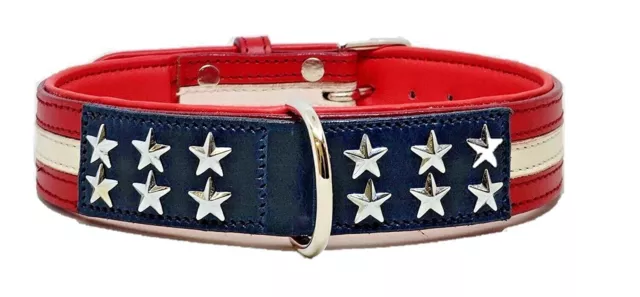 Genuine Leather American Flag (USA) Luxury Star & Crystal Padded Dog Collar Gift