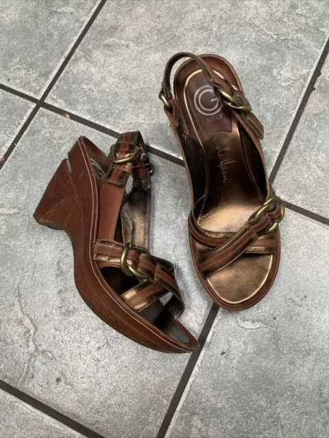 Cole Haan Women's Wedge Heels Leather Slingback Sandals Bronze Buckle 8.5