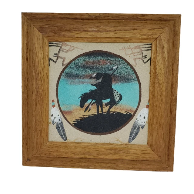 End of the Trail Sand Painting Signed and Framed with Kokopelli and Feathers