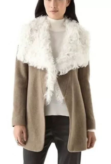 THEORY Troyda S/P Wool Cashmere Coat Lamb Fur Shearling Collar Lined Mid-Length