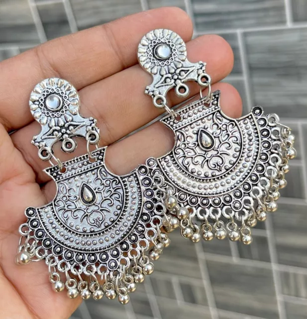 Pendientes Afgani oxidados de plata estilo Bollywood tradicional indio...