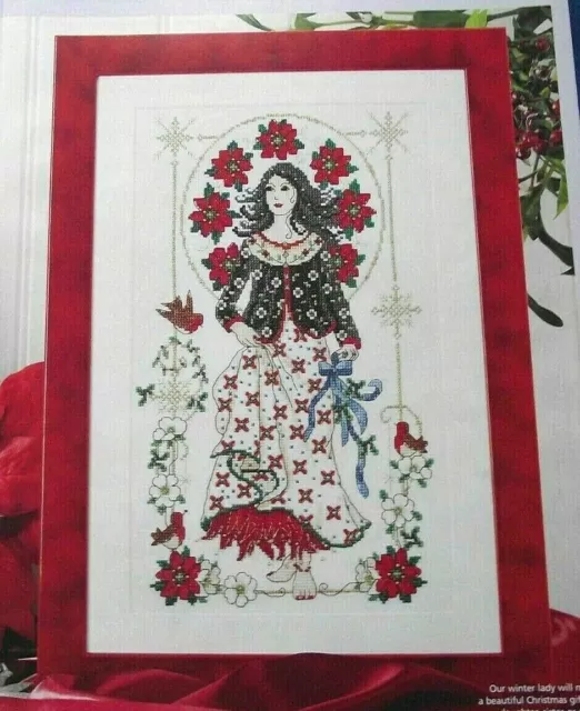 Cross Stitch Chart - Winter Lady Portrait Sampler With Christmas Poinsettias