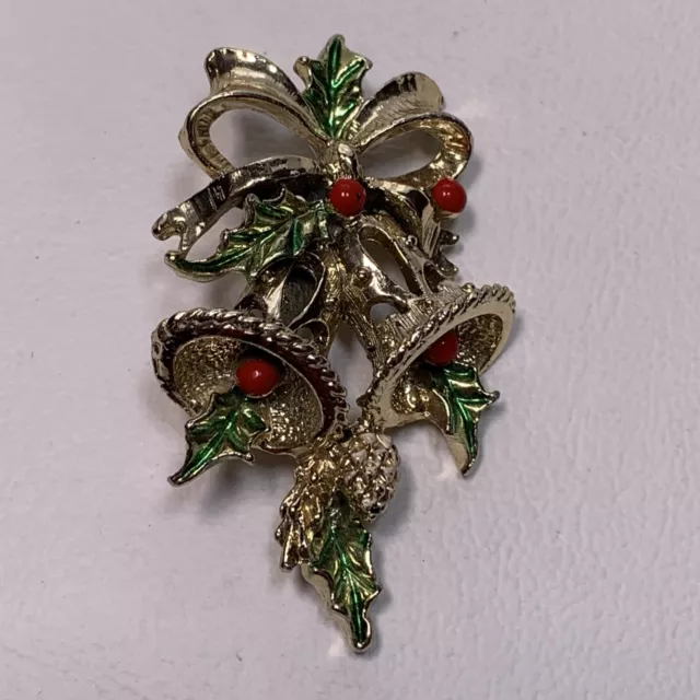 Vintage Gerry’s Christmas Bells Brooch Pin Back Gold Tone Red Green Enamel